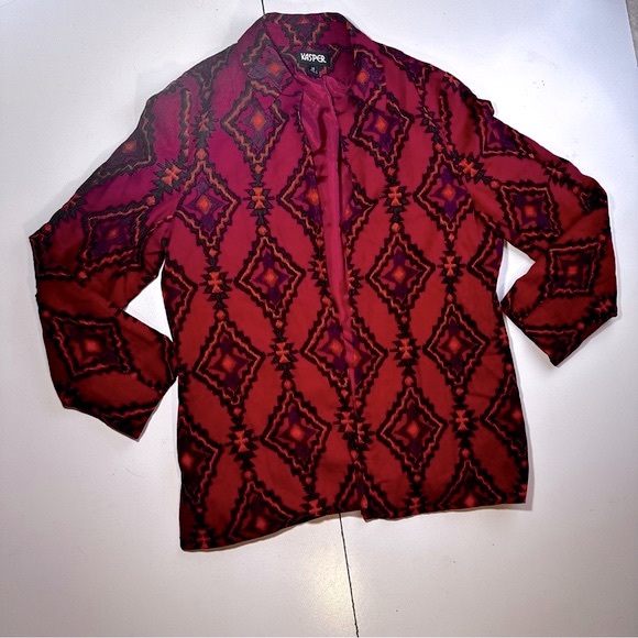Kasper Red Southwestern Aztec Print Linen Rayon Blend Open Front Blazer Size 14 - Picture 4 of 14